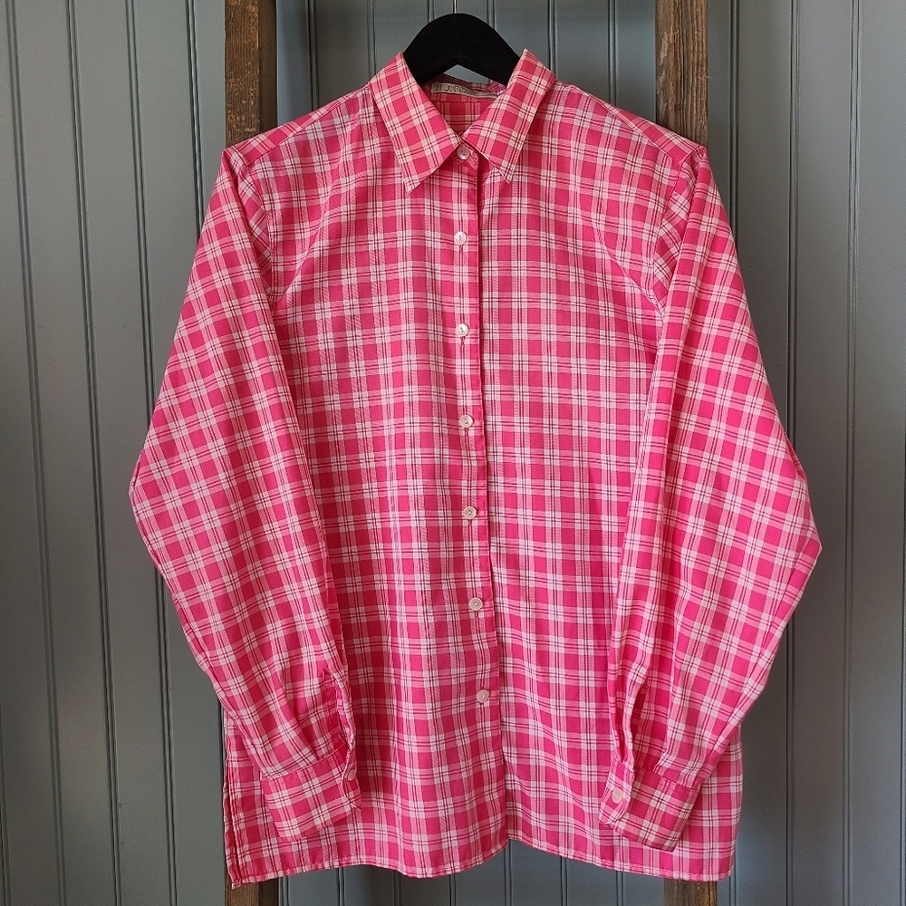 Foxcroft Pink White Plaid Long Sleeve Shirt Size 6